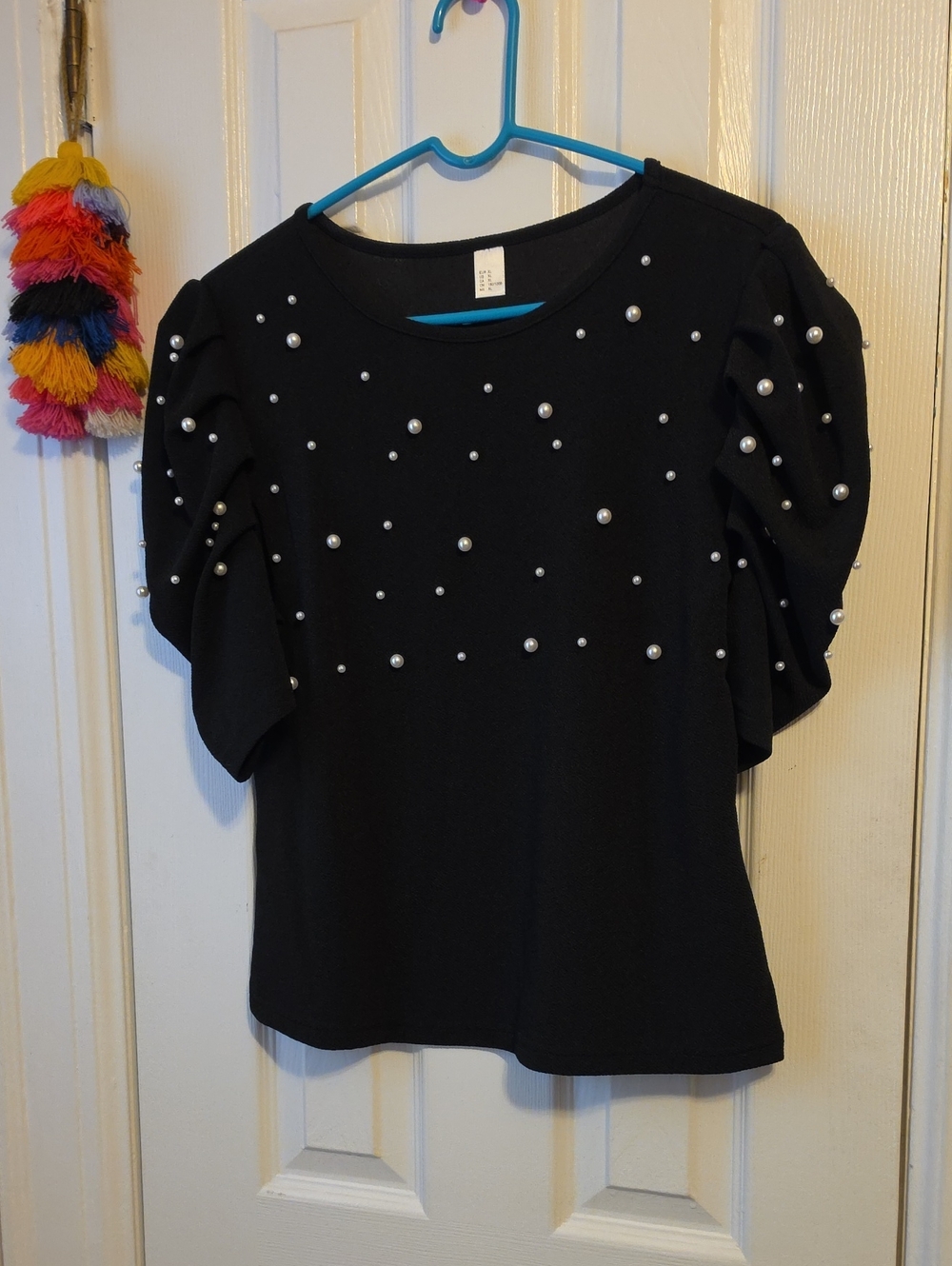 NWOT Black Pearl-Embellished Puff Sleeve Top